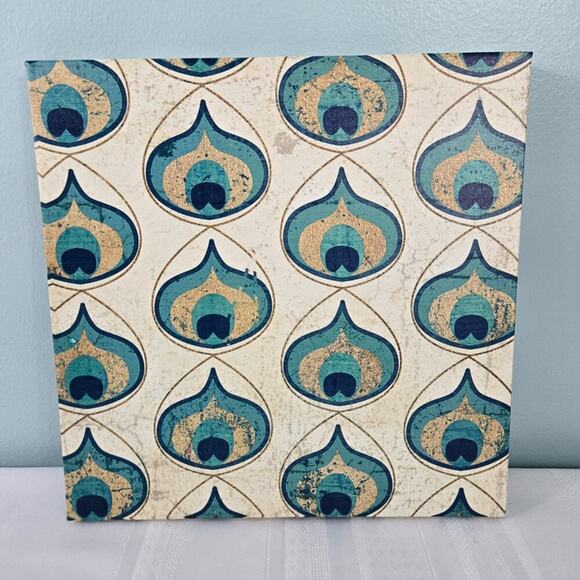 Peacock Feather Vinyl Canvas Prints Wooden Frame Set of 2 - 12x12" - Picture 3 of 9